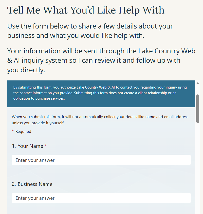 Lake Country Web & AI online inquiry form
