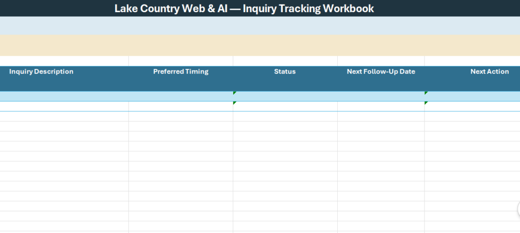 Lake Country Web & AI inquiry tracking workbook showing follow-up status and next actions